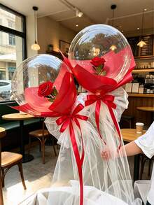 4-Piece Set Of Transparent Bubble Balloons And Elegant And Realistic Simulated Rose PVC Material - Helium Filled Decoration, Wedding And Birthday Decoration(Free Fishing Line Included, For Tying The Bottom Of Balloons) - Rose Balloon - View 3