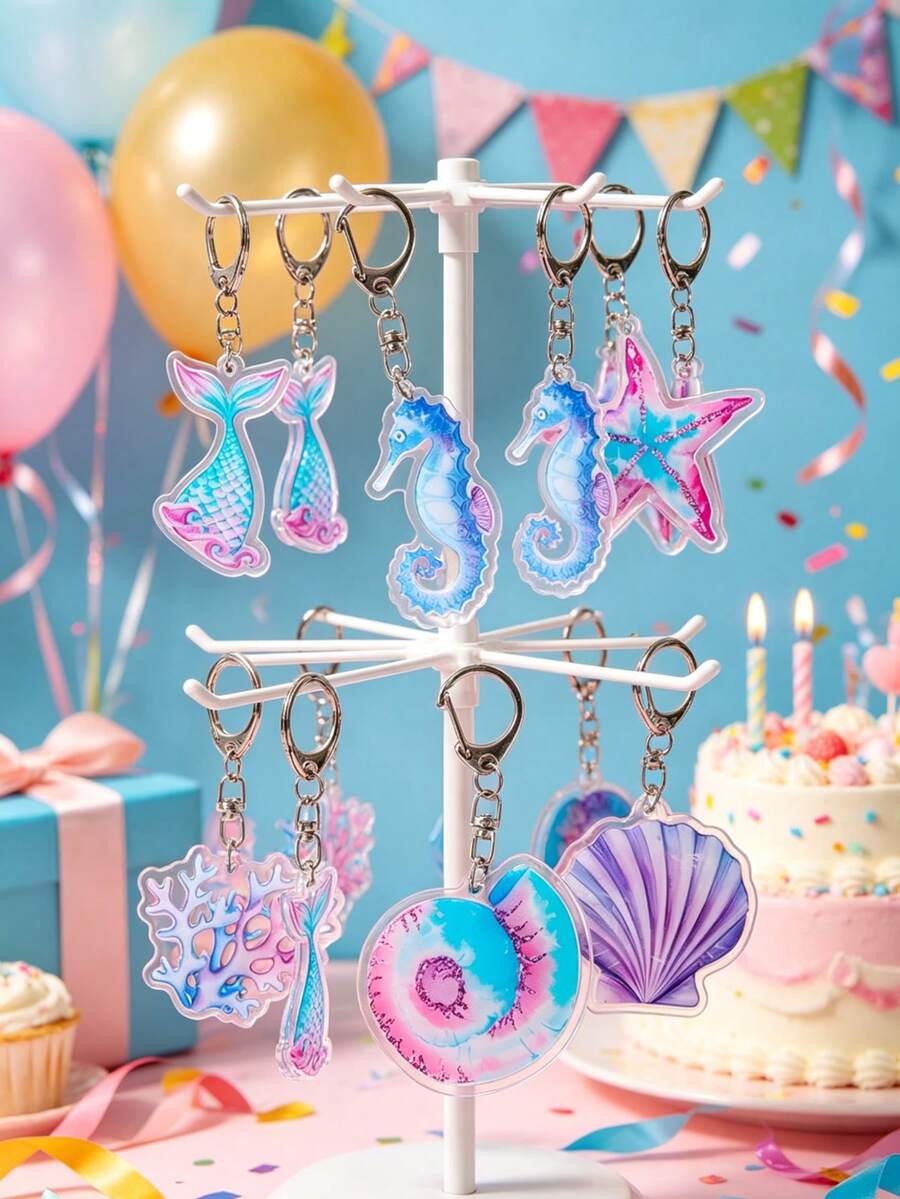 6pcs Mermaid Theme Acrylic Keychains, Dreamy Mermaid Pattern 1st Birthday Party Keychains, Baby Shower Party Decorations, Gender Reveal Party Favors, Newborn Baby Boy/Girl Party Gifts, Bag/Phone Charms, Game Prizes, Cute Cartoon Mermaid Gender Reveal Party Favors, Baby Shower Party Gifts
