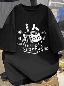 Camiseta de Algodón con Estampado de Gato Adorable para Hombre - Transpirable, Ajuste Cómodo con Cuello Redondo - Perfecta para el Uso Casual de Verano - Negro - Ver 1