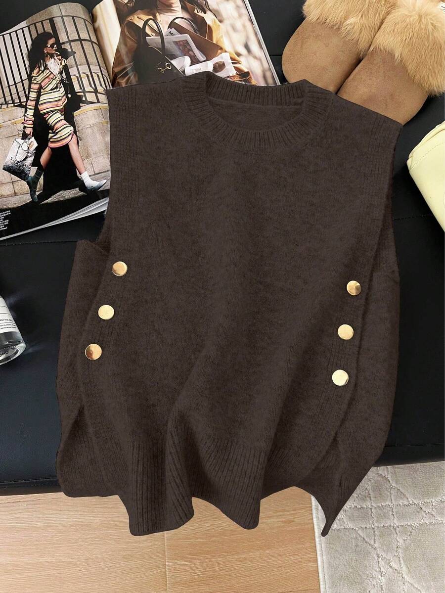 1 pieza Conjunto casual de verano para mujer de unicolor con cuello redondo y botón lateral de metal, chaleco sin mangas de punto dividido y top tipo tank de moda para mujer - Café integral - Ver 1