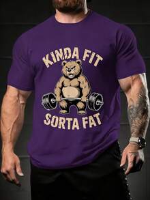 Weightlifting T-Shirt With Bear Design, Fitness, Slightly Fitted And Slightly Humorous - Vintage Gym T-Shirt With Bear Design, Slogan Print - 紫色 - 查看 1