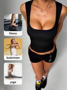 1 áo tank top thể thao 2 trong 1 cho nữ mùa xuân/hè, cổ chữ U cổ vuông, dây vai bản rộng, màu đen, vải gân co giãn cao, có đệm ngực tích hợp không cần mặc bra - màu đen - Xem 6