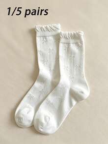 1/5 Pairs White Women's Bow Mid-Calf Socks, Korean Style Sweet Socks, Preppy Style Socks Versatile For Daily Wear - White - View 5