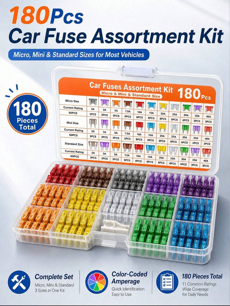 180pcs Car Fuse Set - Includes 60pcs Mini Fuses, 60pcs Standard Fuses, 60pcs Mini Blade Fuses (2A-40A), Comes With Fuse Puller And Aluminum Blade, Essential Tool For Car Electrical Repair, Durable, Suitable For Cars, Trucks, SUVs, Etc.
