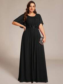 EVERPRETTY Elegant Black Plus Size Mother Of The Bride Dress, Round Neck With Ruffle Sleeves, Floral Applique Waist Design, Chiffon Maxi Skirt Wedding - Black - View 5