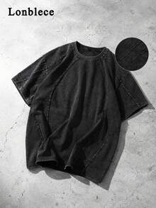 Lonblece American Street Style Vintage Distressed Loose Fit Snow Wash Pure Cotton Short Sleeve T-Shirt - Black - View 2
