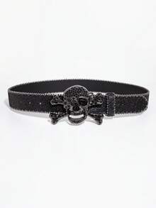 Cinturón de mezclilla negro punk rock estilo Y2K para hombre con hebilla de metal de calavera incrustada de strass láser, accesorio versátil para jeans adecuado para salidas diarias - Negro - Ver 4