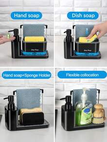 Dispensador de jabón de cocina, juego de dispensador de jabón para platos, dispensador de jabón para manos, con bandeja, dispensador de jabón doble, soporte para esponja y escurridor de platos, jabonera, estante de almacenamiento 5 en 1, para almacenamiento en la encimera del fregadero de la cocina -Artículos prácticos de cocina- (Toallas no incluidas) - Multicolor - Ver 9