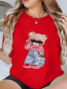 Teddy Bear With Sunglasses And Red Bag Conveys A Fun Attitude And Modern Confidence, Ideal For Young Urban Women. Women's T-Shirt, 100% Soft And Comfortable Cotton. Everyday Wear - 紅色 - 查看 1