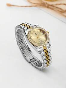 RICECGO 1pc Fashion Elegant Gold Stainless Steel Round Dial Women's Watch, New Rhinestone Inlaid, High-End Exquisite Women's Watch, Suitable For Daily Wear - Multicolor - View 3