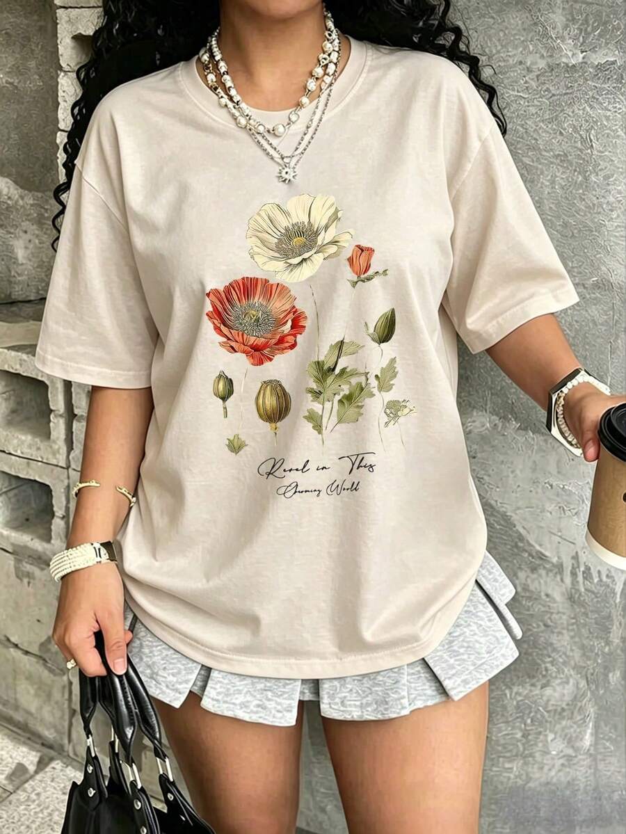 K, Local Spring/Summer Urban Fashion. Women's Blouses, Women's T-Shirts. 180g (S-XXXL) Women's Oversized T-Shirt "Poppy Flowers" - Dark Gray With Vintage Floral Print And Inspirational Phrase - 杏色 - 查看 1