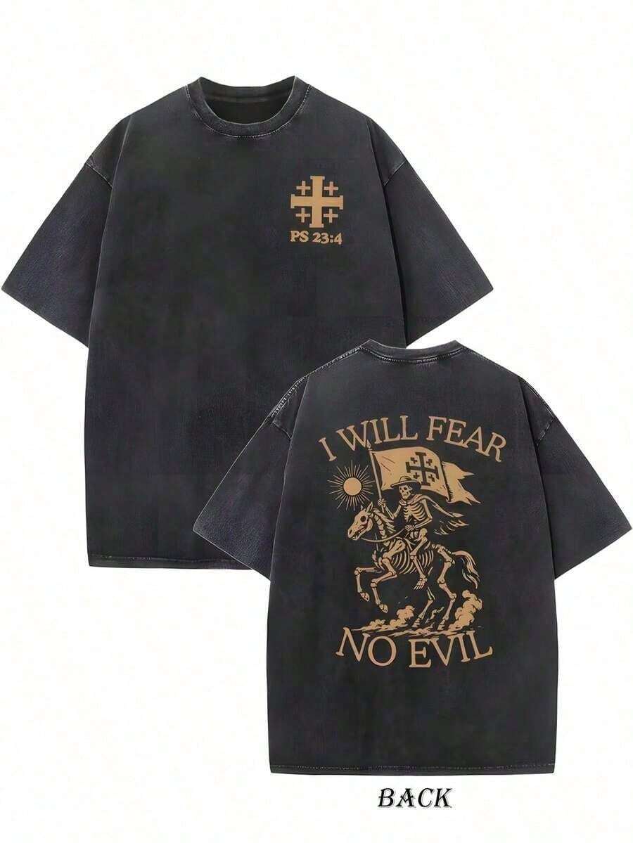 Ropa de hombre; Camisetas de Verano   Esta camiseta de 230g, 100% algodón lavado (Salmo 23:4, "Me temeré, no hay mal"), combina el estilo retro con el estilo urbano, creando una prenda moder - Negro - Ver 1