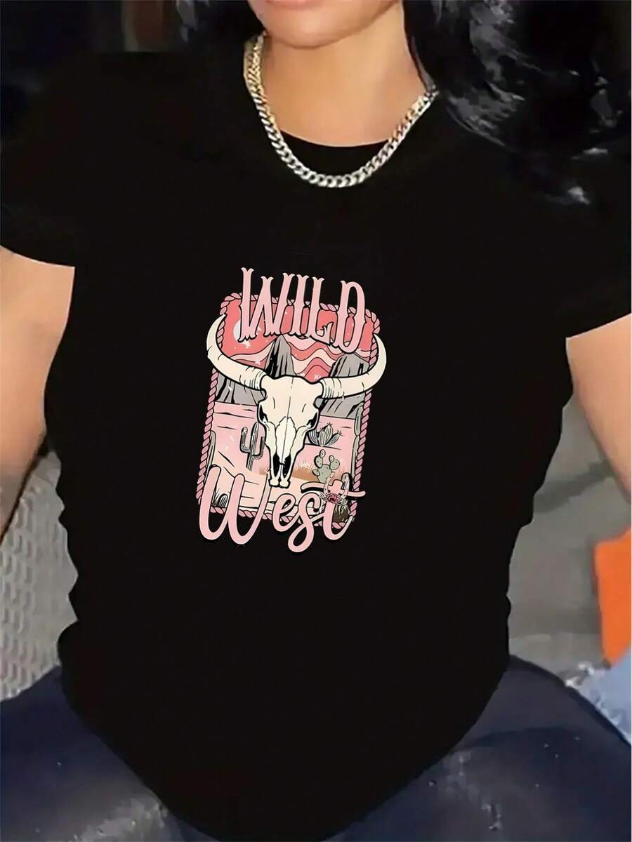 Camiseta de manga corta premium para mujer, con diseño de calavera de toro estilo western, hecha de tela de poliéster, ligera y duradera, adecuada para uso diario casual, actividades al aire - Negro - Ver 1