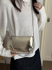 Women's Patchwork Beaded Chain Crossbody Bag, Vintage Colorful Laser Faux Metal Party Envelope Bag - Gold - View 3