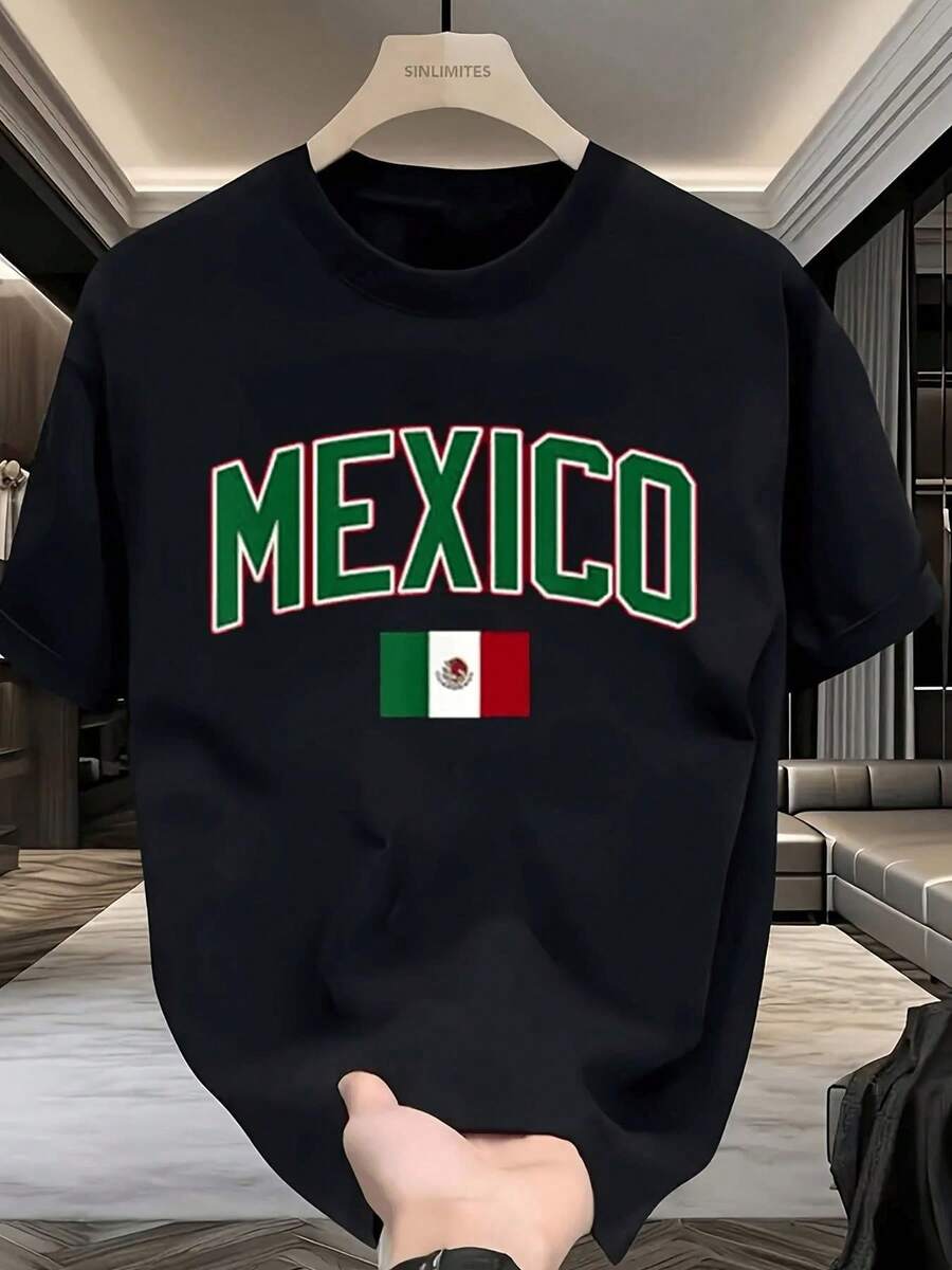 Camiseta de manga corta con cuello redondo, diseño simple y casual con texto "MÉXICO" y estampado de la bandera nacional, estilo retro moderno hombre, apta todas las estaciones, color negr - Negro - Ver 1