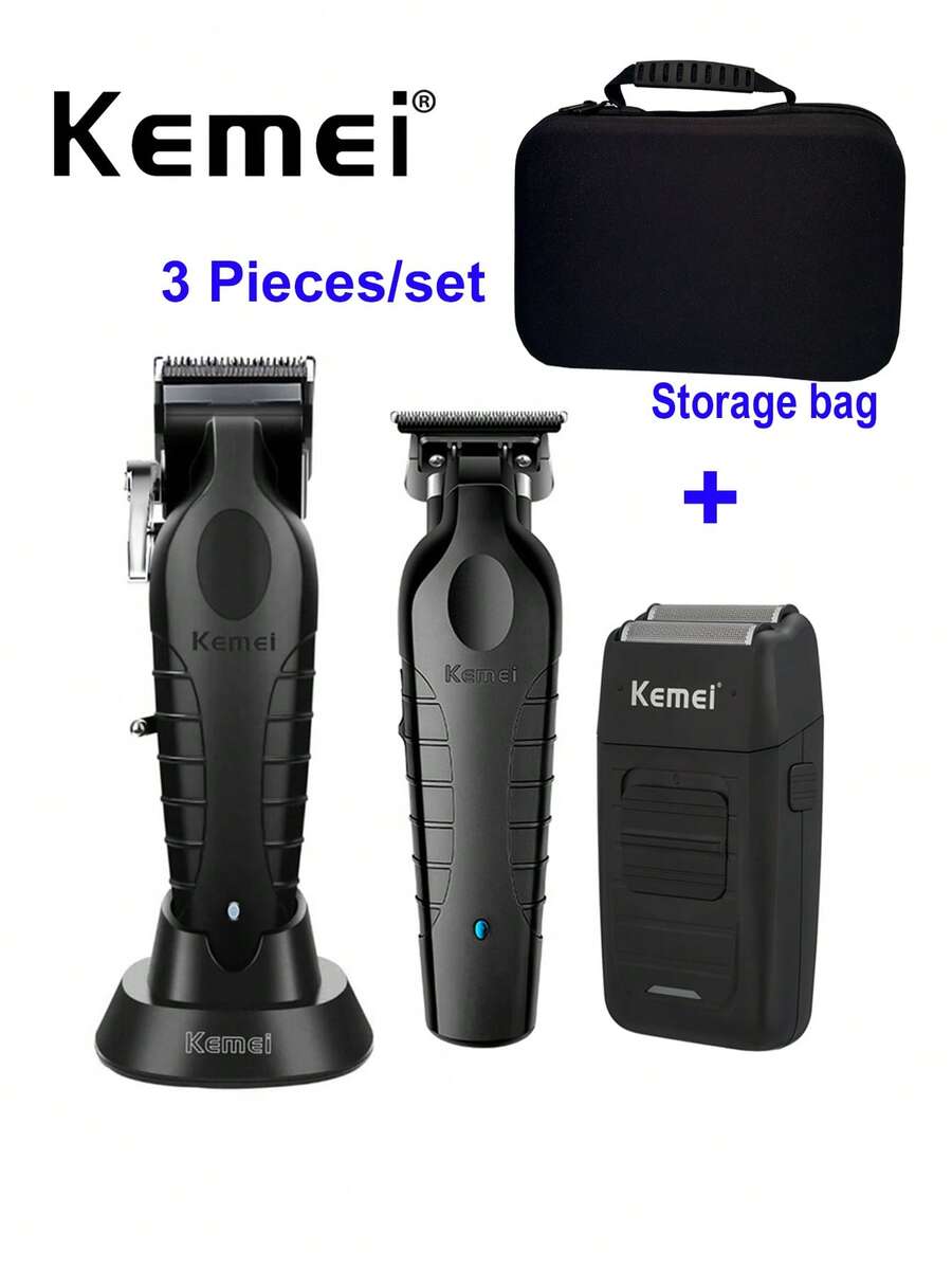 Kemei 3件組理髮器+刮鬍刀套組附收納袋，KM-2296專業理髮器、2299零間隙理髮器、1102家用刮鬍刀套組，沙龍或居家男士個人護理套組，送給自己的禮物