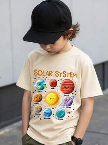 Camiseta de manga corta para niño con estampado de letra y planeta de dibujos animados, adecuada para primavera/verano - Gris - Ver 1