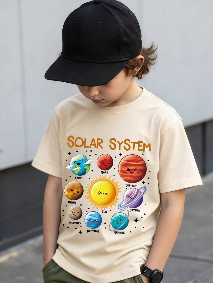 Camiseta de manga corta para niño con estampado de letra y planeta de dibujos animados, adecuada para primavera/verano - Gris - Ver 1