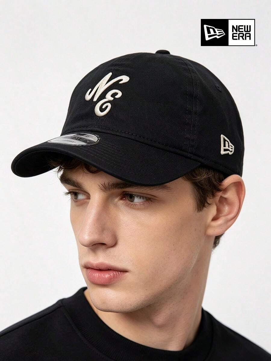 New Era 啞光黑手寫字 Logo 棒球帽,滑板街頭必備帽,適用於男士、女士、青少年,適合運動、休閒聚會及都市日常穿搭 - 黑色 - 查看 1