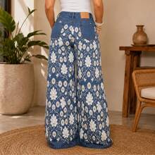 Wide Leg Jeans - Floral Print - High Waist - Shaping - Premium Style - 藍色 - View 4