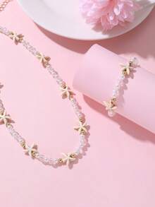 2pcs/Set Girls Pearl Starfish Beaded Necklace & Bracelet Set, Suitable For Daily Decoration - Multicolor - View 4