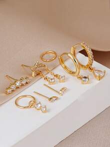 Juego de 8 piezas de pendientes de estrella con circonita cúbica incrustada, pendientes para múltiples perforaciones de oreja, adecuados para uso diario de mujeres, citas, festivales de música y capas - Amarillo Oro - Ver 2