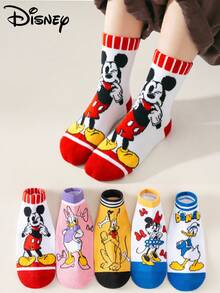 1/5 Pares: Calcetines de Media Caña Jacquard de la Serie de Dibujos Animados de Disney Mickey & Amigos, Estilo Infantil, Suaves y Transpirables, Adecuados para Uso Diario (Unisex) - Multicolor - Ver 1