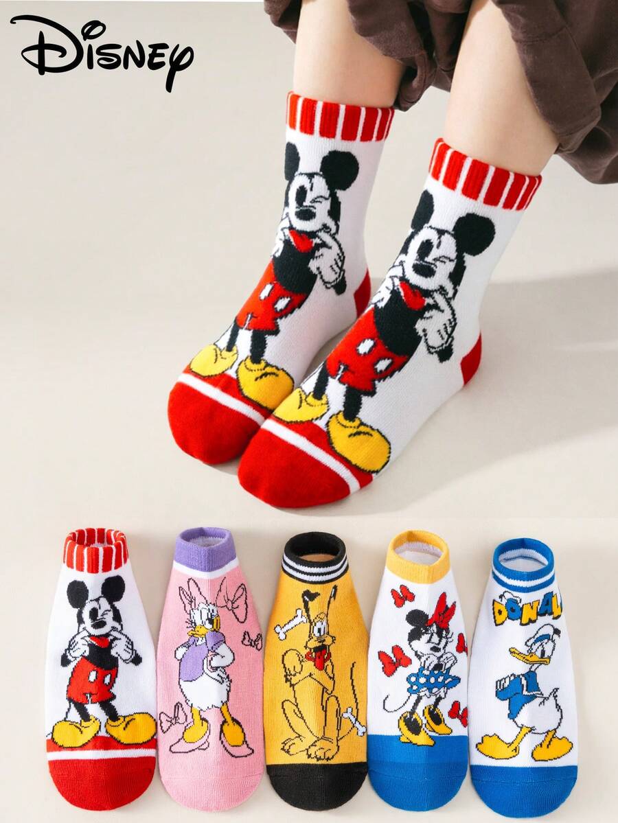 1/5 Pares: Calcetines de Media Caña Jacquard de la Serie de Dibujos Animados de Disney Mickey & Amigos, Estilo Infantil, Suaves y Transpirables, Adecuados para Uso Diario (Unisex) - Multicolor - Ver 1