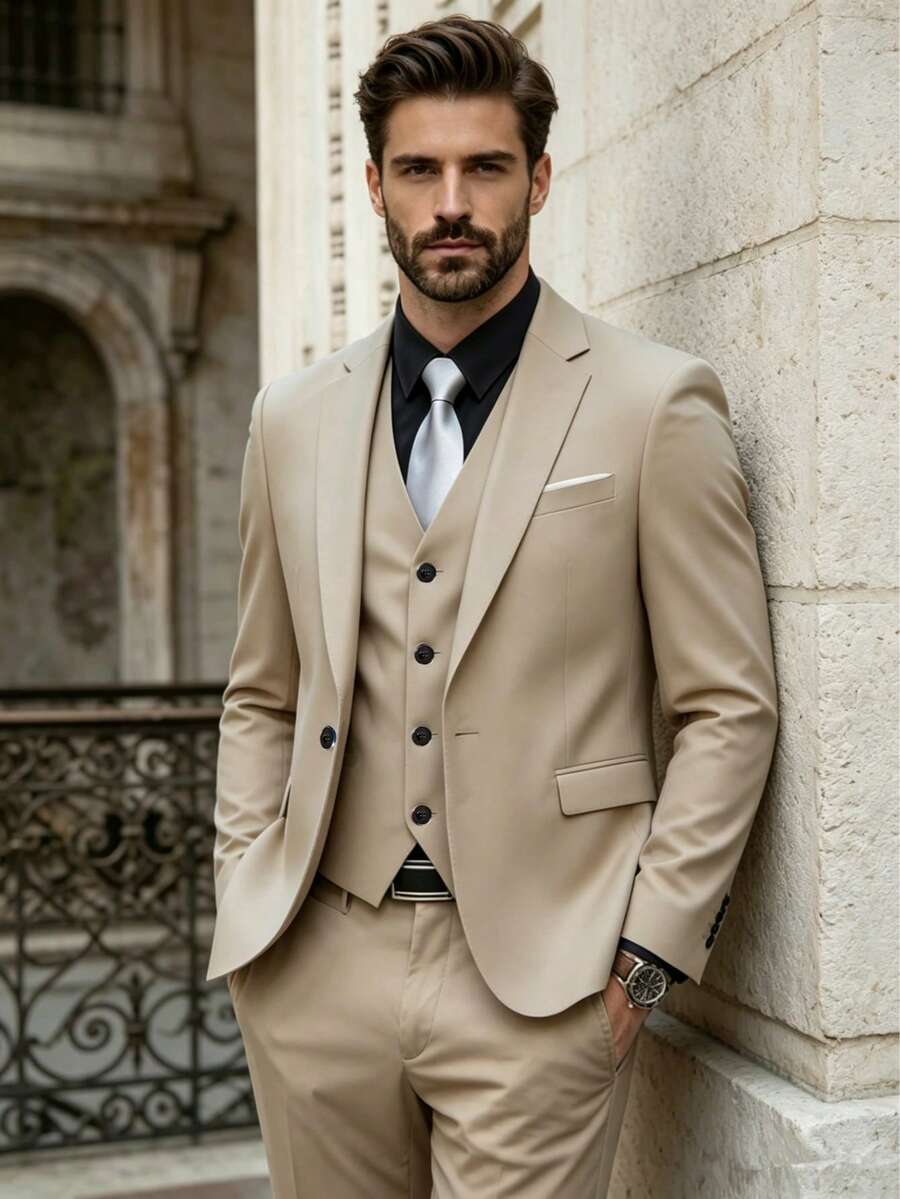 Bộ vest công sở thời trang nam SuitGent, bộ vest công sở trang trọng chất lượng cao, bộ tuxedo cưới dáng ôm cho chú rể, áo khoác vest nam. - Màu be - Xem 1