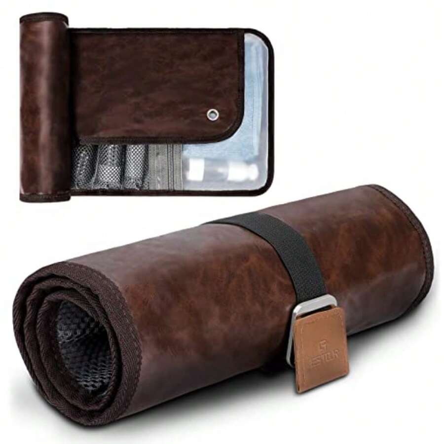 Neceser de aseo para hombres, artículos esenciales de viaje, bolsa de aseo de viaje, resistente al agua, organizador compacto para higiene, kit de afeitado, regalos para hombres - 1. café elegante (piel sintética) - Ver 1