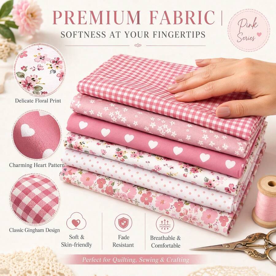 6pcs 25*25/50*50cm Pink Heart Polka Dot Plaid Floral Fabric Set, Pre-Cut DIY Printed Fabric For Sewing And Patchwork - Pink - View 1