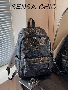 This Student Backpack Features A Classic Collegiate Design In Black With A Bow Pattern. It Is A Large-Capacity Backpack With Multiple Pockets, Suitable For Students, Commuters, And Young People. This Backpack Can Be Used For Travel And Vacations, And Is Also An Ideal Choice For Campus Life. - Black - View 5