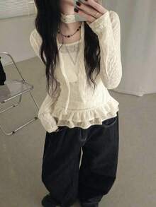 女款蕾絲荷葉邊休閒百搭日常出遊T恤 - 杏色 - 查看 2