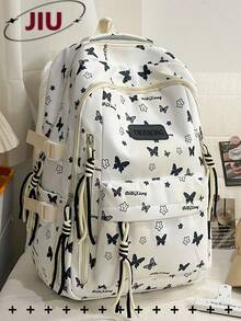 Mochila de nailon con estampado de mariposa y múltiples compartimentos, cabe portátil de 15.6 pulgadas, mochila ligera y multiusos para estudiantes, negocios, viajes y uso diario - Negro - Ver 1