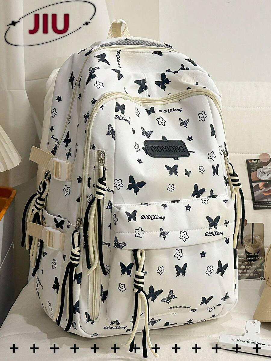Mochila de nailon con estampado de mariposa y múltiples compartimentos, cabe portátil de 15.6 pulgadas, mochila ligera y multiusos para estudiantes, negocios, viajes y uso diario - Negro - Ver 1