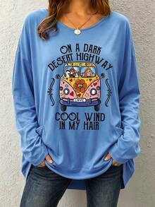 Plus Size Casual Sweatshirt, Women's Plus Size Long Sleeve Round Neck Slightly Stretchy Pullover - Blue - View 1