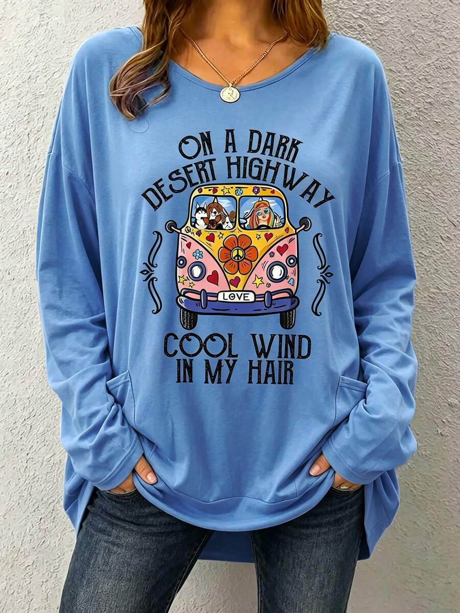 Plus Size Casual Sweatshirt, Women's Plus Size Long Sleeve Round Neck Slightly Stretchy Pullover - Blue - View 1