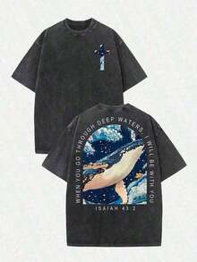 Vintage Style Washed Cotton T-Shirt, Summer Clothing 2026 (230g T-Shirt), Men's Loose Fit Washed Cotton T-Shirt With Turtle Graphic "When You Go Through Deep Waters", Ca - 白色 - 查看 1