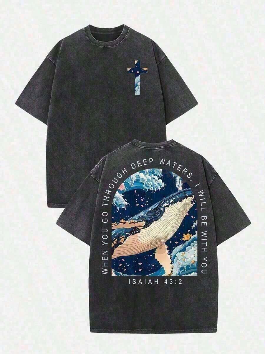 Vintage Style Washed Cotton T-Shirt, Summer Clothing 2026 (230g T-Shirt), Men's Loose Fit Washed Cotton T-Shirt With Turtle Graphic "When You Go Through Deep Waters", Ca - 白色 - 查看 1