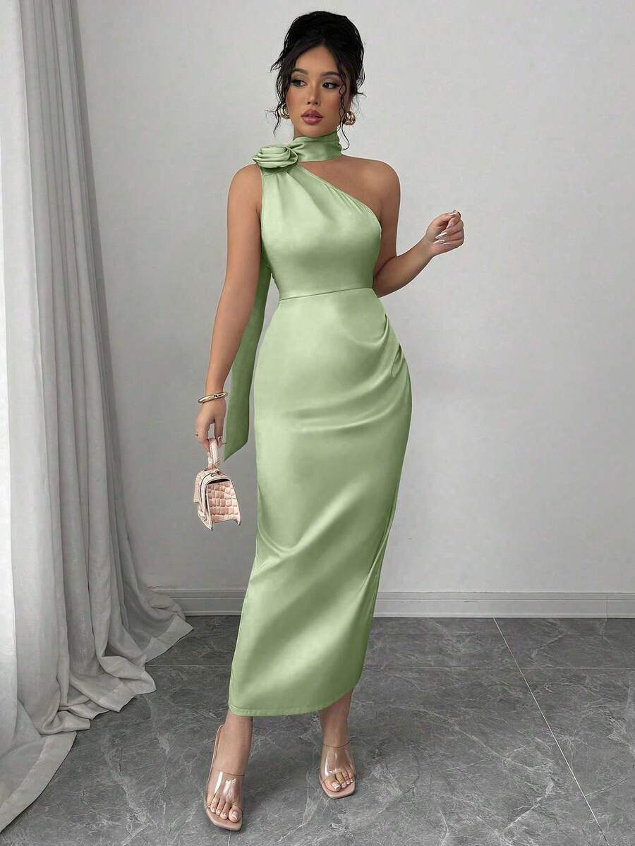Vestido ajustado elegante y sexy con cuello asimétrico de satén francés, cintura con volantes y flores 3D - Verde - Ver 1
