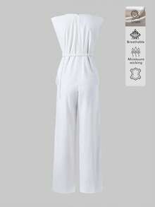 Ensemble 2 pièces en lin décontracté élégant minimaliste pour le quotidien et les trajets, avec ceinture, top sans manches minimaliste, style Old Money, tenue de travail pour femmes, blanc, été - Blanc - Voir 7