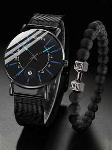 2pcs/Set Men's Mesh Strap Quartz Watch Set - Black - View 1
