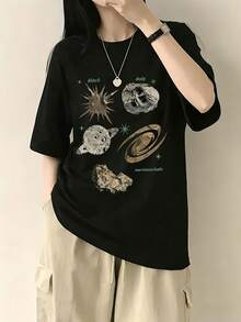 女款時尚春夏寬鬆圓領休閒百搭卡通字母星空印花短袖T恤夏季上衣黑色 - 黑色 - 查看 4