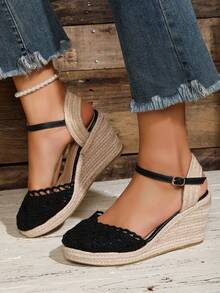 Closed-Toe Breathable Deep Instep Fashion Lightweight Hemp Rope Wedge Heel Women's Shoes - Black - View 5