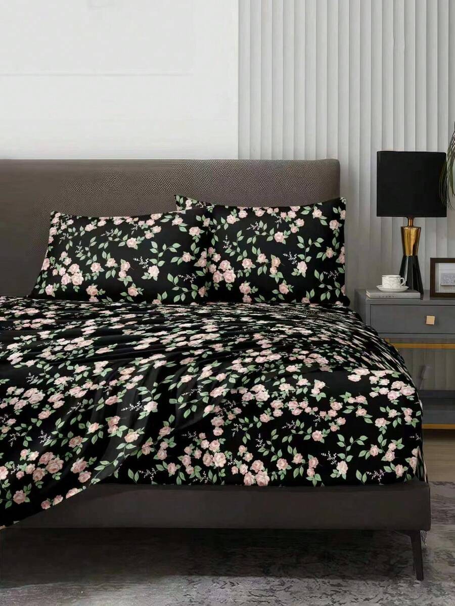 4-Piece Black Heart Butterfly Floral Pattern Bedding Set, Includes 1 Fitted Sheet, 1 Flat Sheet And 2 Pillowcases (Pillow Inserts Not Included). Suitable For King, Queen, Full And Twin Size Beds, Fitted Sheet With Deep Pocket Design, Pillowcases Up To 11.8 Inches. Soft And Breathable, Wrinkle-Resistant - Multicolor - View 1
