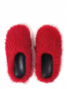 Womens Faux Fur Slippers Round Toe Fuzzy Fluffy Flat Warm Furry Bedroom Slipper Home Slides Thick Plush Indoor Outdoor Flat Summer Sandals For Women - 紅毛 - 查看 3
