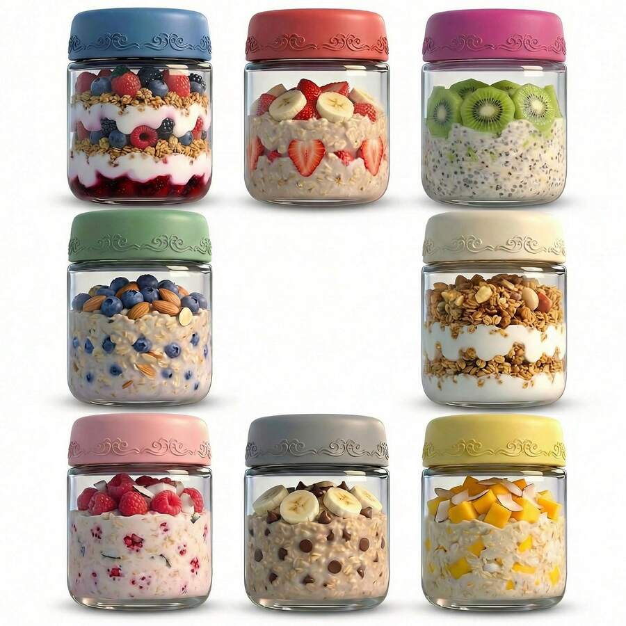 Overnight Oats Jars With Lids, Glass Meal Prep Containers, Airtight Mason Jars For Breakfast, Yogurt Parfait, Salad & Smoothies, Leakproof And Reusable Food Storage Jars - 4 OZ-8PACK - View 1