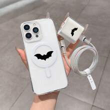 6件組磁吸透明黑色蝙蝠手機殼圖案 + 充電頭保護套 + 線材保護器 + 收納繩 + 數據線保護繩包 TPU 防震保護殼 適用於 Apple 6 7 8 XXs XR XS Max 11 12 13 14 15 16 Pro Max，適合作為情侶、女性、女兒、男朋友、女朋友、青少年女孩的生日和聖誕禮物 - 彩色 - 查看 4