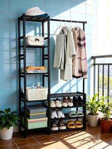 Multifunctional Metal Garment Rack With Multi-Tier Shoe Shelves & Side Storage, Space-Saving Freestanding Coat Organizer For Bedroom, Entryway, Dorm & Apartment, To Hang Clothes And Store Footwear & Daily Essentials - Multicolor - View 7