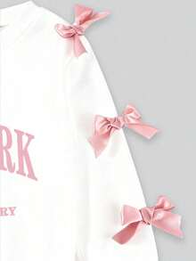 Tween Girl Letter Print Bow Decor Crew Neck Sweatshirt And Flare Pants Set - White - View 4